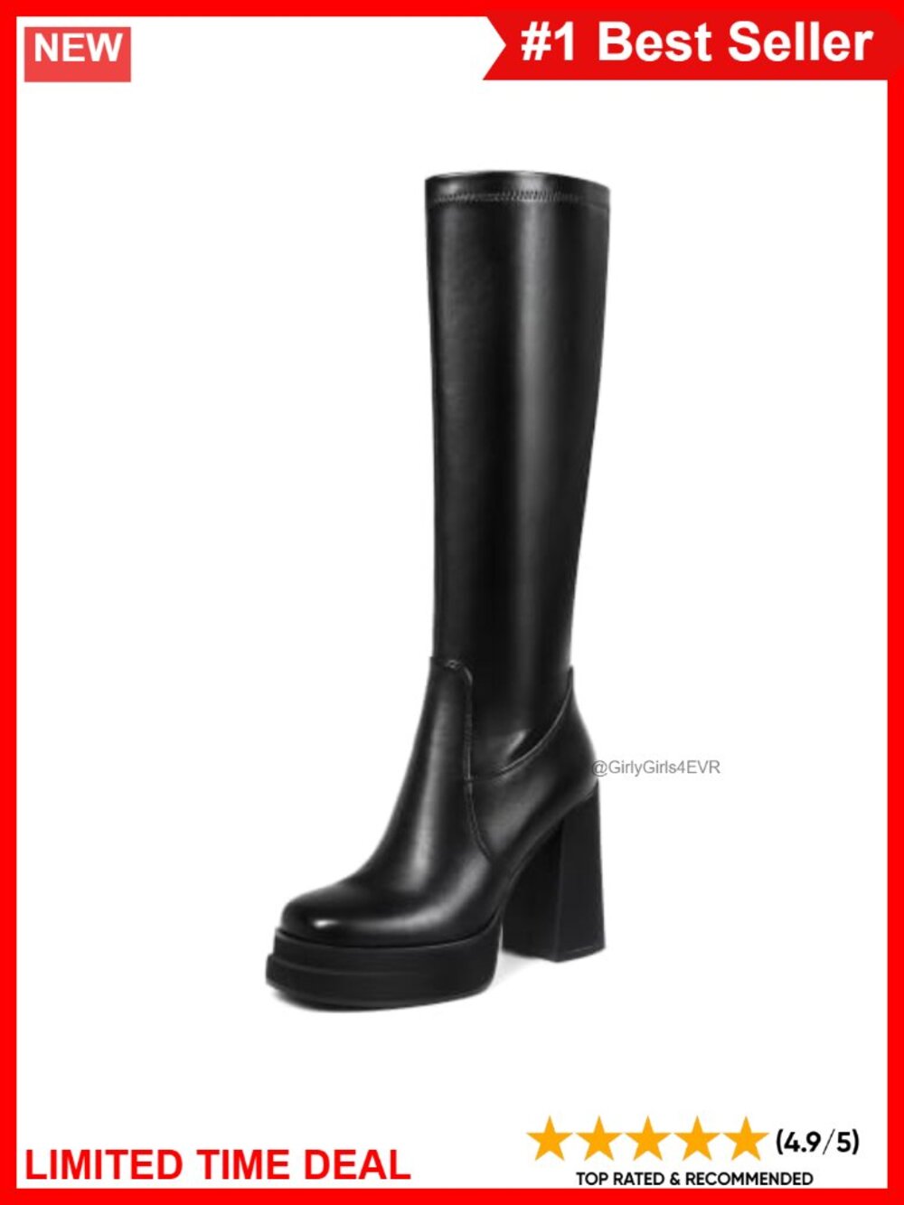Women's Knee High Boots Faux Leather Chunky Heel Round Toe Tall Boots